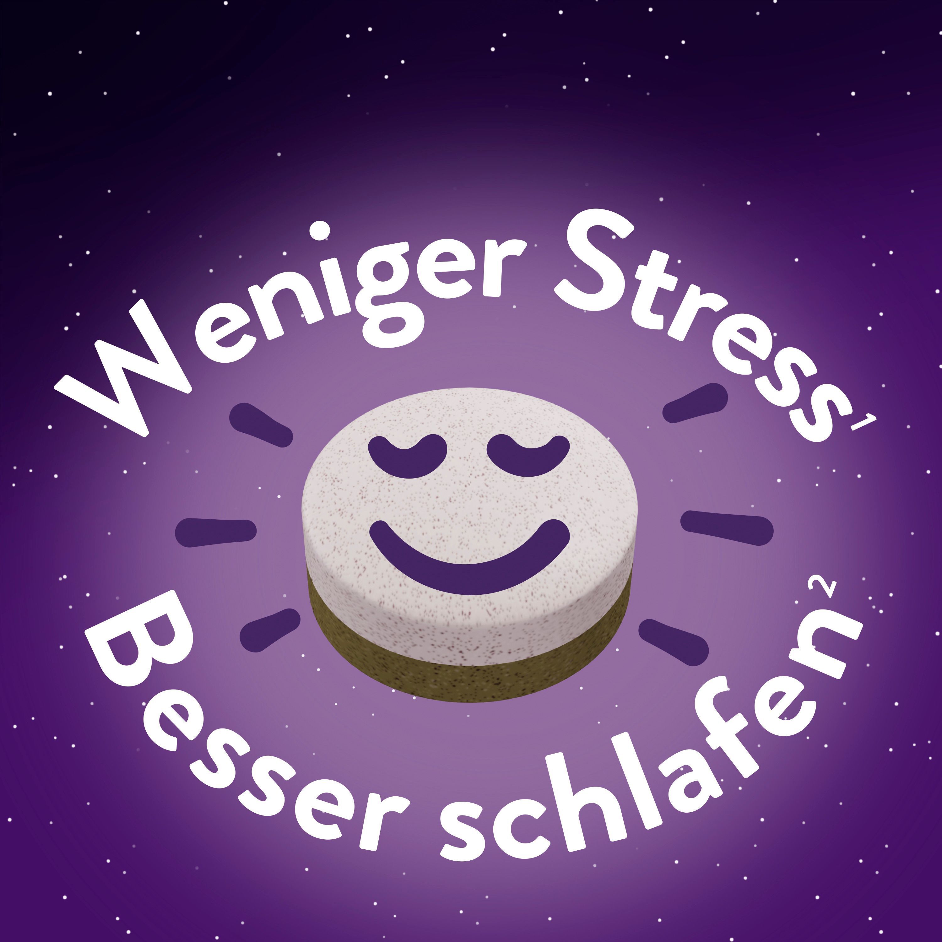 Eine stilisierte Tablette mit einem lächelnden Gesicht vor einem lila Nachthimmel.