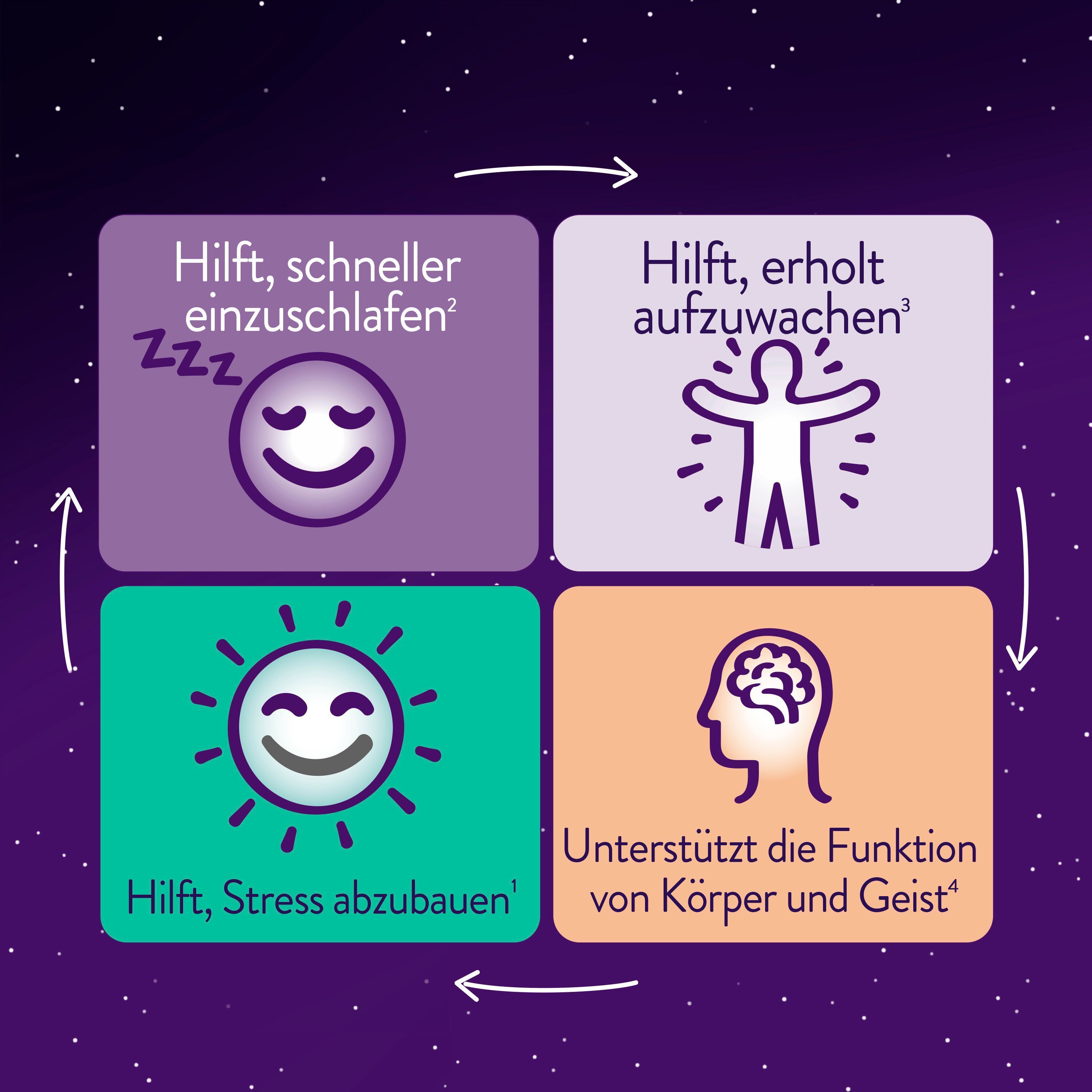 Vier Symbole: Einschlafen, Erwachen, Stressabbau und Unterstützung von Körper und Geist.