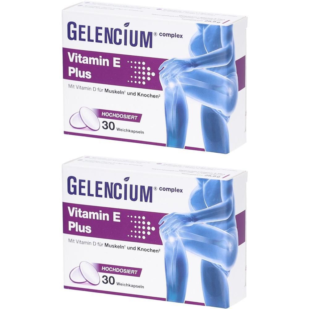 Zwei Schachteln GELENCIUM Vitamin E Plus. Aufschrift: Vitamin E Plus, 30 Weichkapseln. Abbildung eines Knies.