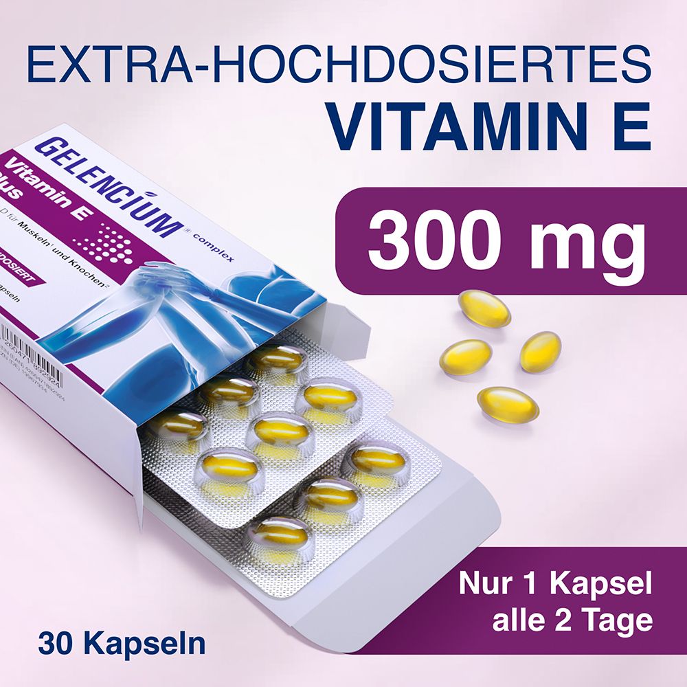 Packung GELENCIUM® complex Vitamin E Plus, 30 Kapseln, 300 mg Vitamin E pro Kapsel.