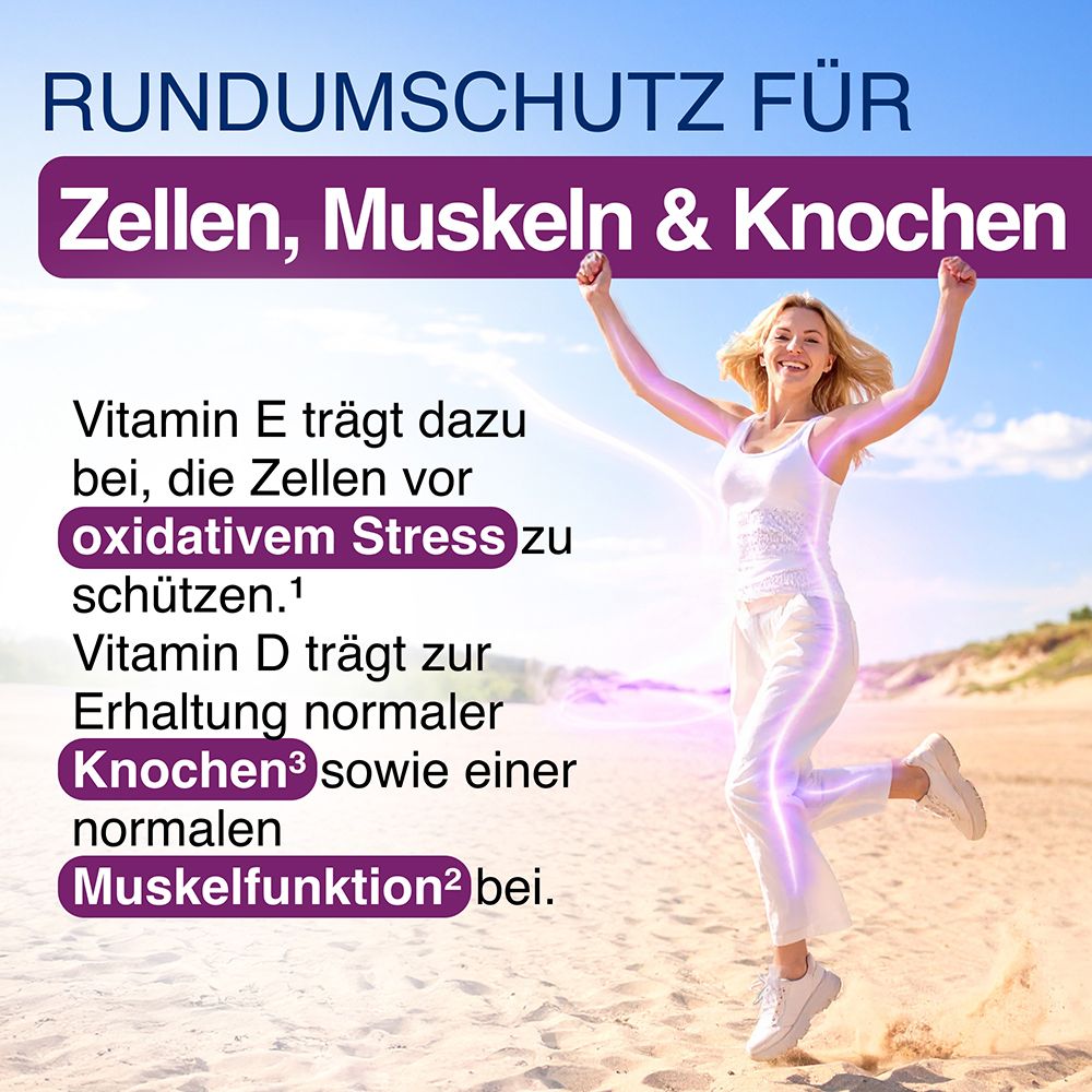 Frau am Strand, die die schützende Wirkung von Vitamin E auf Zellen und Vitamin D auf Muskeln/Knochen symbolisiert.