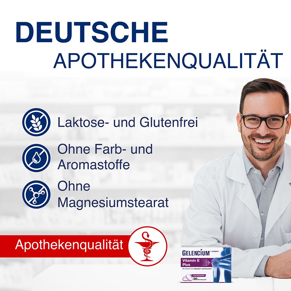 GELENCIUM® Vitamin E Plus: Laktose-/glutenfrei, ohne Farb-/Aromastoffe, ohne Magnesiumstearat.