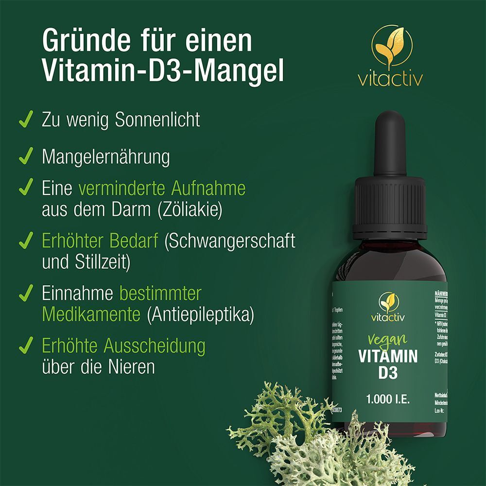 Vitamin D3 Tropfen Flasche mit Text und grünen Hintergründen. Text: Gründe für einen Vitamin-D3-Mangel.