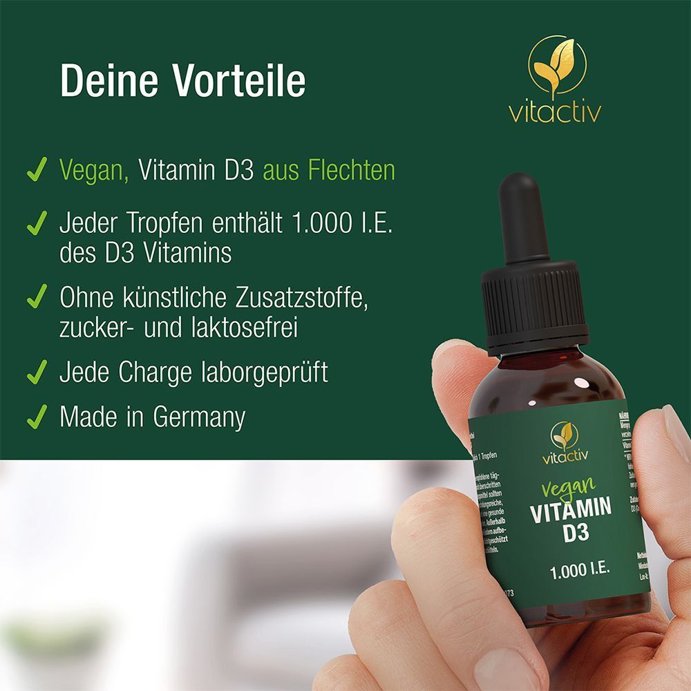 Vitamin D3 Tropfen Flasche mit Text und grünen Hintergründen. Text: Deine Vorteile. Vegan, 1.000 I.E., ohne Zusatzstoffe, Made in Germany.