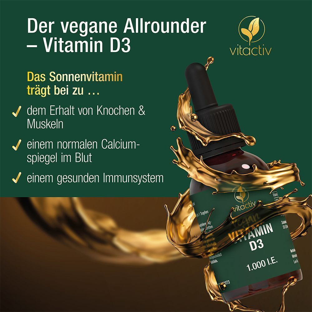 Vitamin D3 Tropfen Flasche mit Text und goldenem Hintergrund. Text: Der vegane Allrounder - Vitamin D3. Trägt bei zu... Knochen & Muskeln.