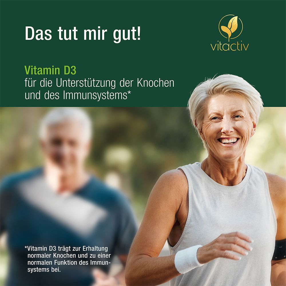 Vitamin D3 Tropfen Flasche mit Text und Hintergrund mit zwei Personen. Text: Das tut mir gut! Für Knochen und Immunsystem.