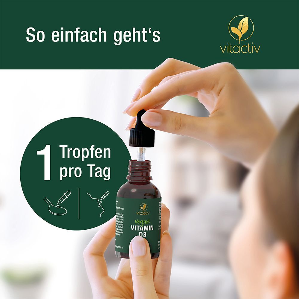 Vitamin D3 Tropfen Flasche mit Text und Hand. Text: So einfach geht's. 1 Tropfen pro Tag. Illustrationen.
