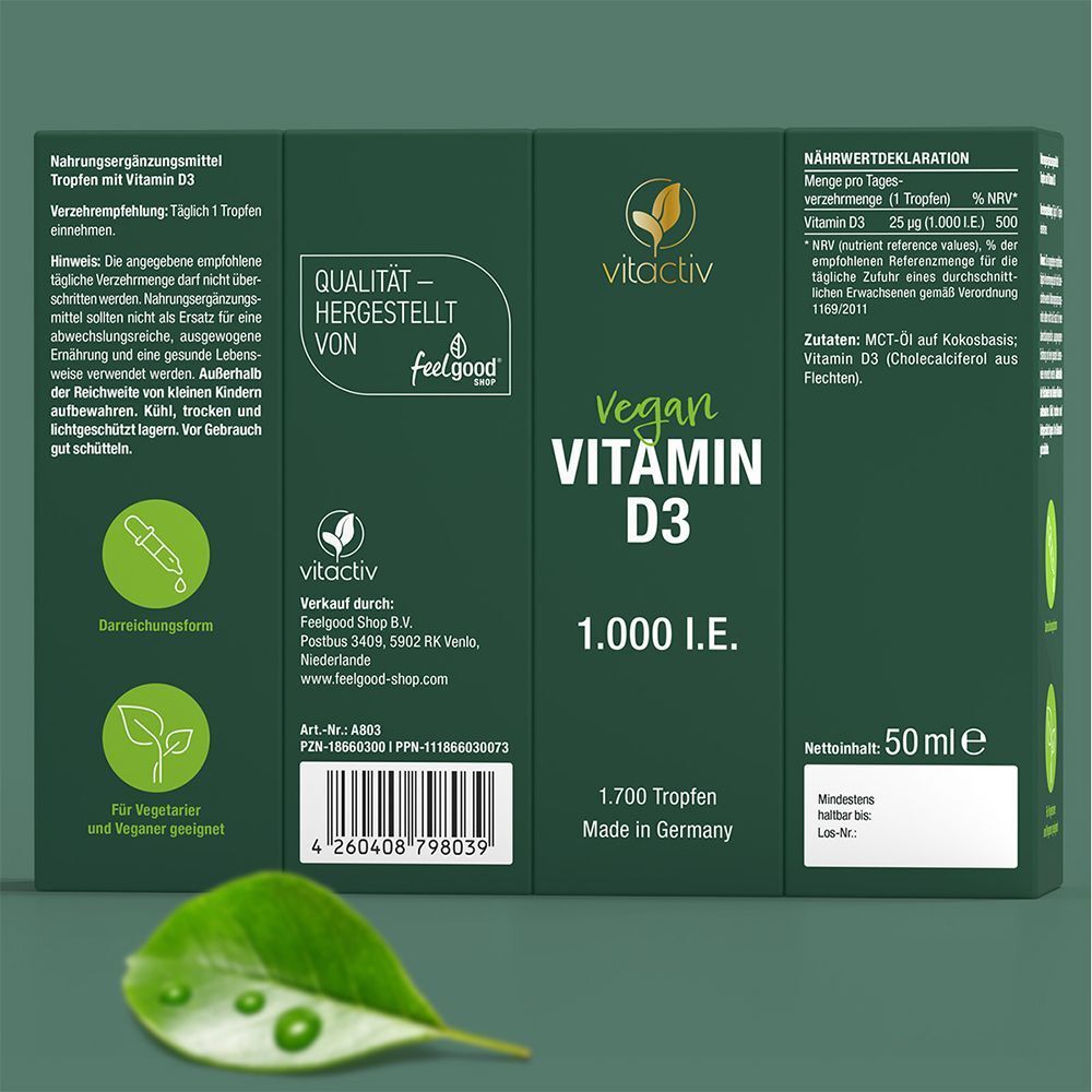 Vitamin D3 Tropfen Verpackung mit Text. Text: Qualität - hergestellt von Feelgood. Vegan, 1.000 I.E., 1.700 Tropfen, Made in Germany.