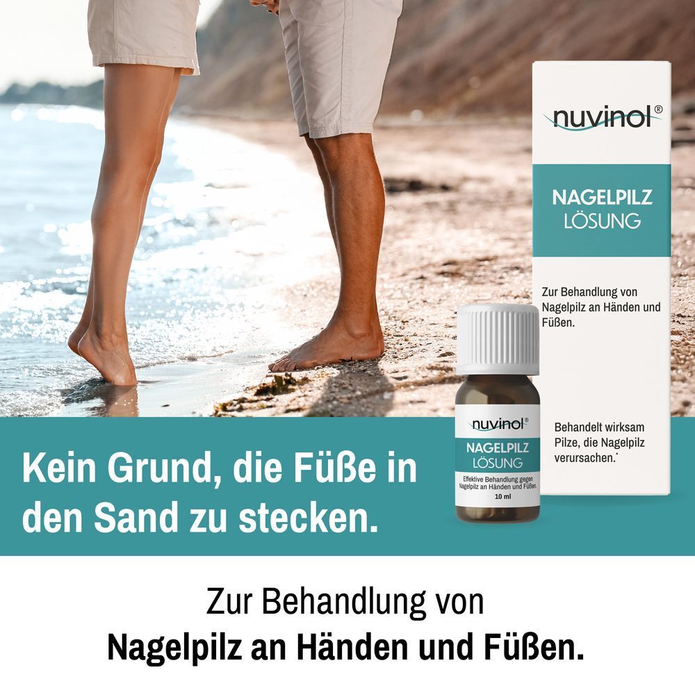 Werbung mit Füßen am Strand und einer Flasche NUVINOL Nagelpilz Lösung. Text: Zur Behandlung von Nagelpilz an Händen und Füßen.
