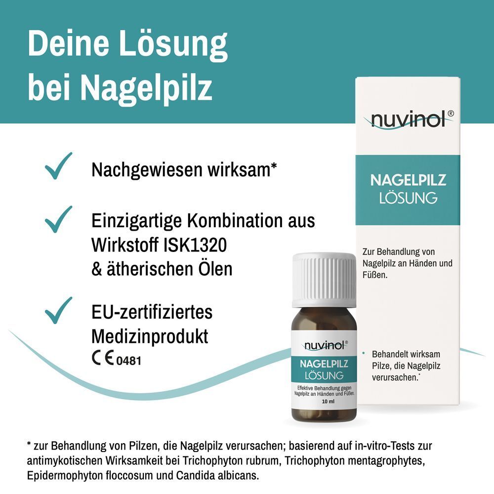 Werbung mit Flasche NUVINOL Nagelpilz Lösung und Text: Deine Lösung bei Nagelpilz. EU-zertifiziertes Medizinprodukt CE 0481.