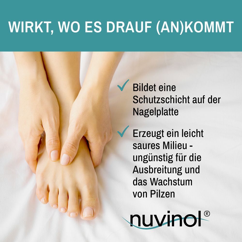 Füße auf weißer Bettwäsche. Text: Wirkt, wo es drauf (an)kommt. NUVINOL Logo. Bildet eine Schutzschicht auf der Nagelplatte.