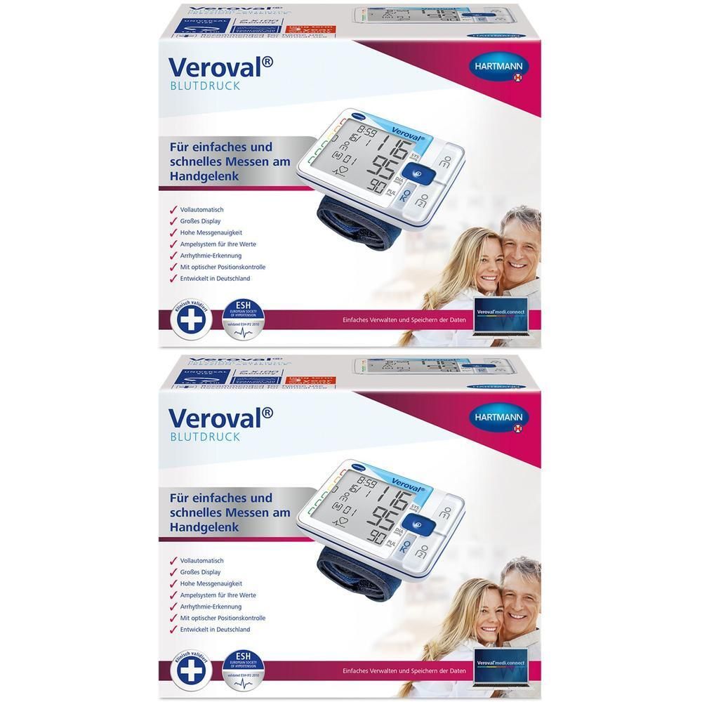 Zwei Packungen Veroval Handgelenk-Blutdruckmessgerät. Auf jeder Packung ist ein Blutdruckmessgerät mit Display abgebildet.