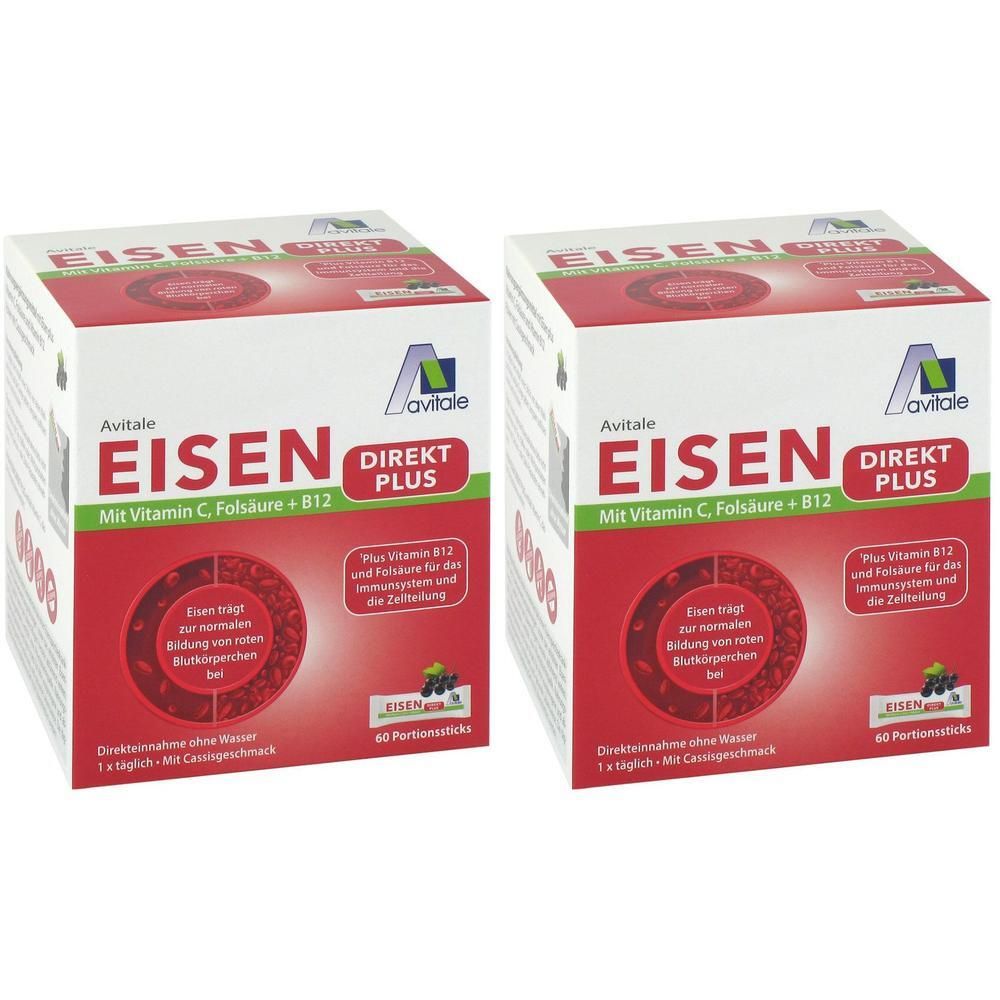 Zwei Kartons Avitale Eisen Direkt Plus. Weißer Karton mit rotem Element. Schriftzug: Eisen Direkt Plus, mit Vitamin C, Folsäure + B12.