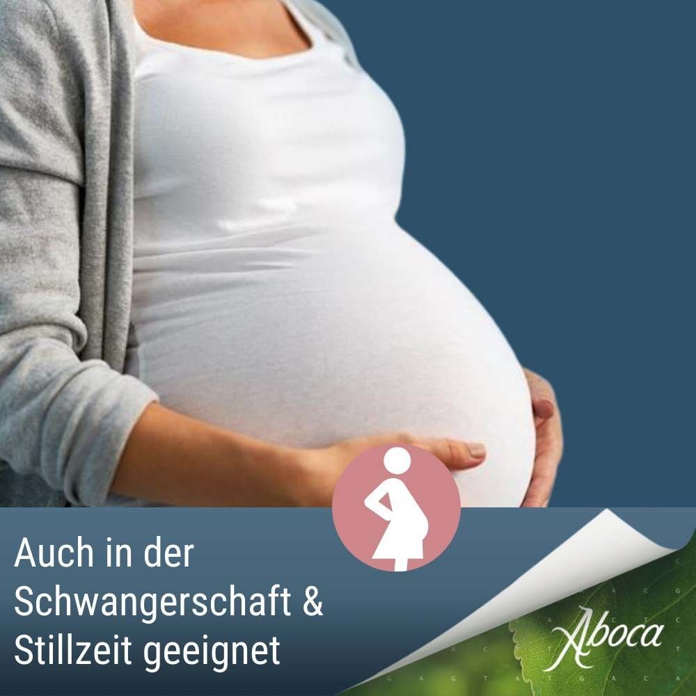 Schwangere Frau. Text: Auch in der Schwangerschaft & Stillzeit geeignet. Aboca Logo.