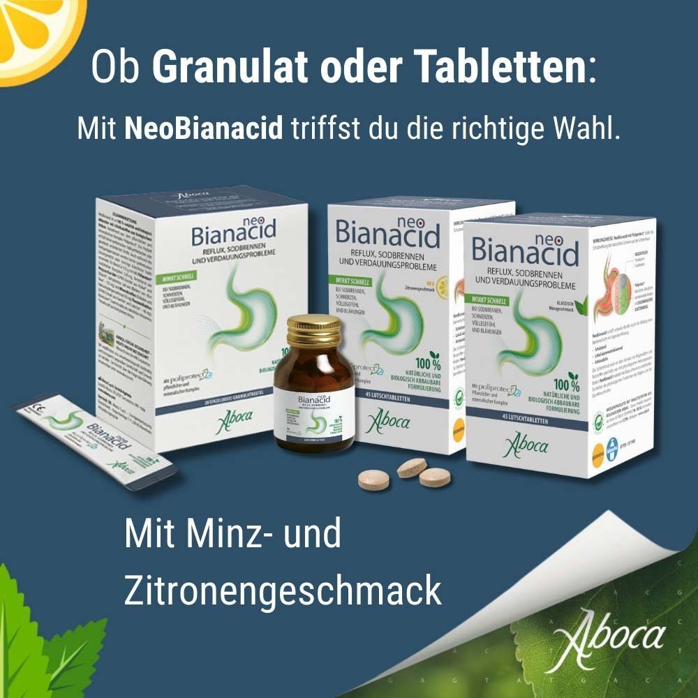 Neo Bianacid Produkte: Granulatbeutel, Tabletten und Flasche. Text: Mit Minz- und Zitronengeschmack. Aboca Logo.