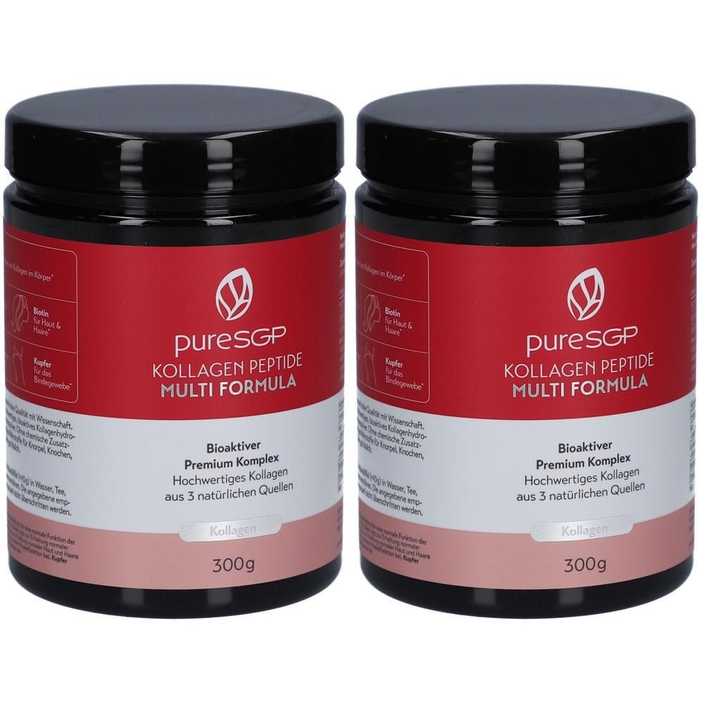 Zwei Dosen PURESGP Kollagen Peptide Multi Formula Pulver, je 300g.