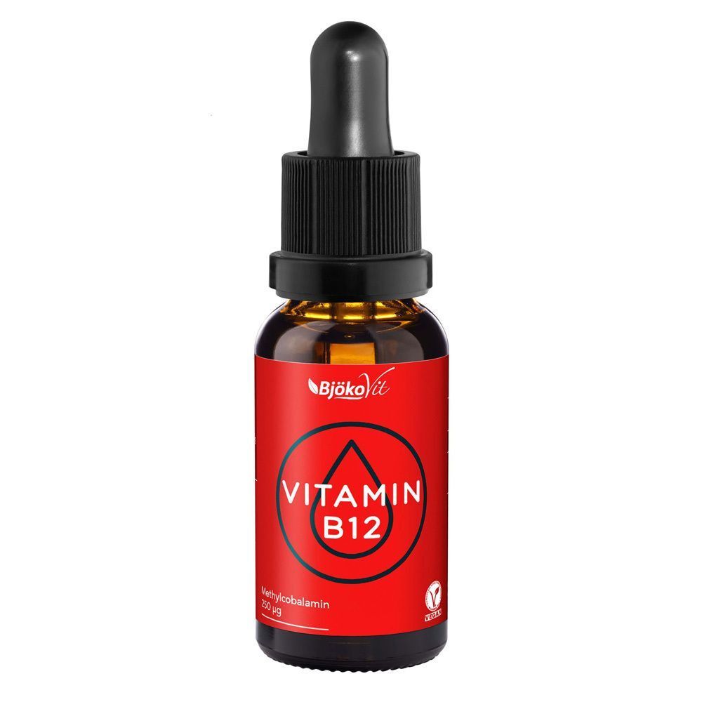 Eine Flasche BjökoVit Vitamin B12 Tropfen mit Pipettenverschluss.