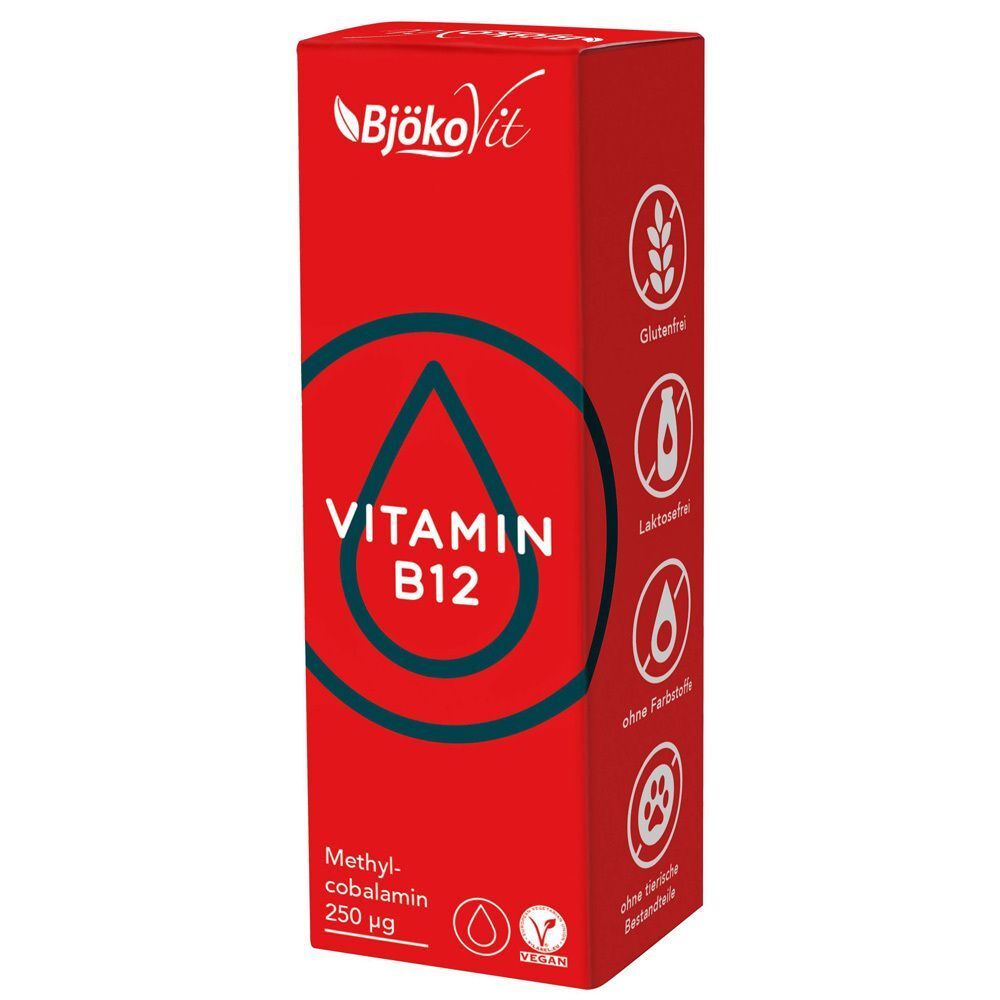 Ein Karton BjökoVit Vitamin B12 Tropfen mit Icons für glutenfrei, laktosefrei.