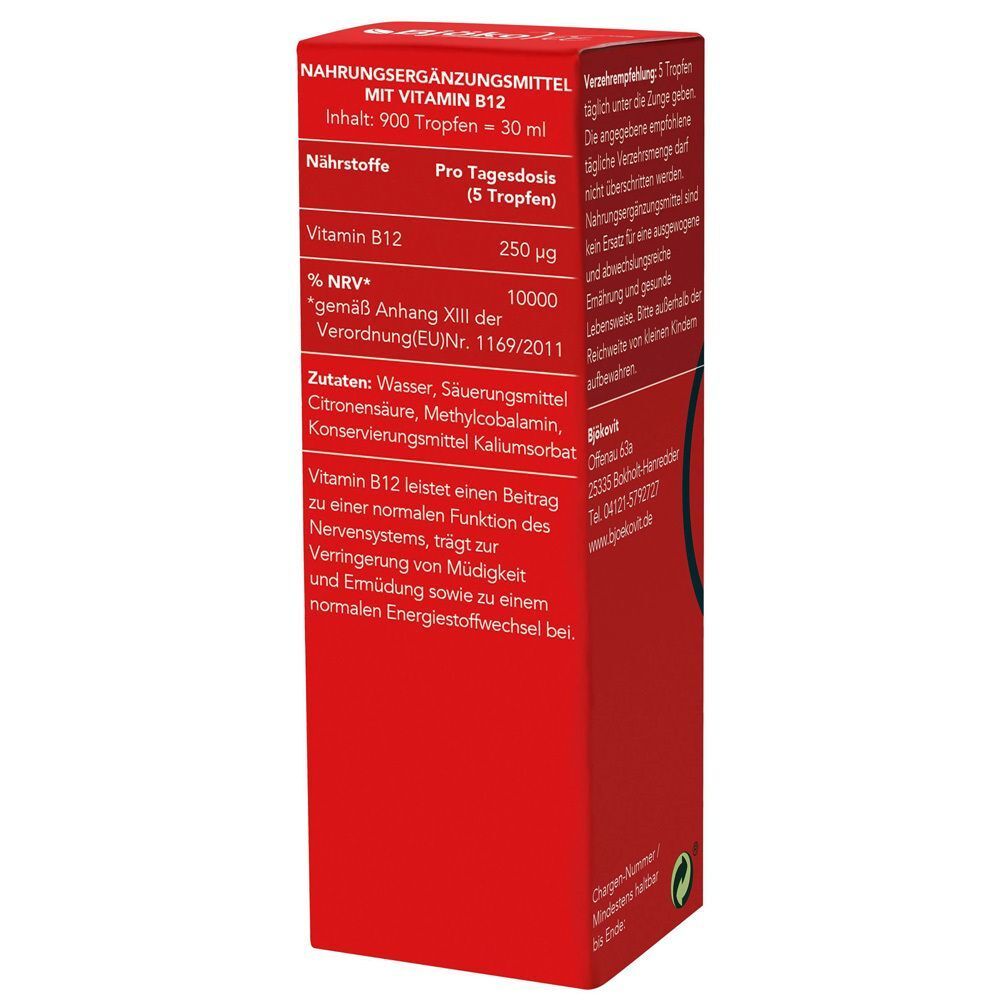 Rückseite eines Kartons BjökoVit Vitamin B12 Tropfen mit Nährwertangaben und Inhaltsstoffen.