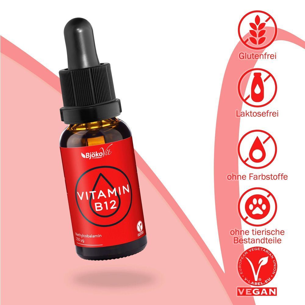 Flasche BjökoVit Vitamin B12 Tropfen mit Icons für vegan, glutenfrei, laktosefrei.