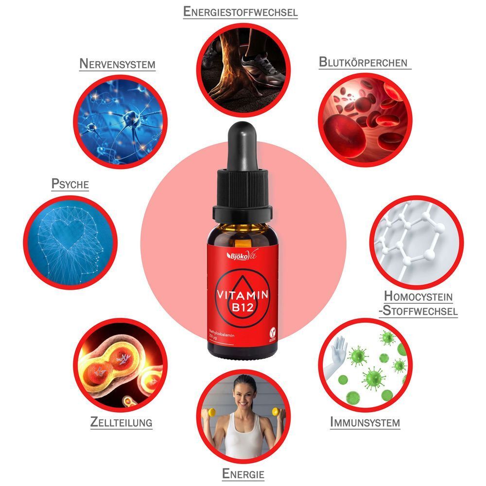 BjökoVit Vitamin B12 Tropfen Flasche umgeben von Icons zu Nervensystem, Blutkörperchen, Immunsystem.