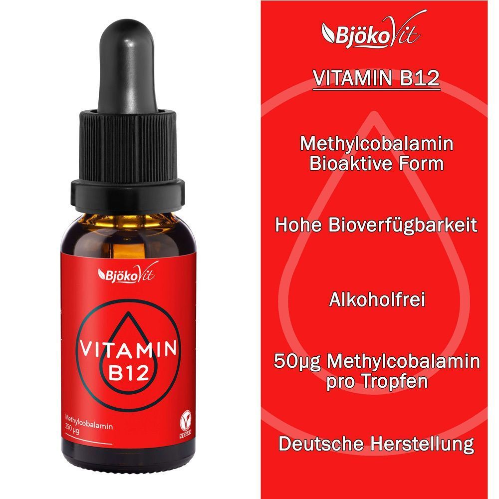 BjökoVit Vitamin B12 Tropfen Flasche und Karton mit Infos zu bioaktiver Form und Herstellung.