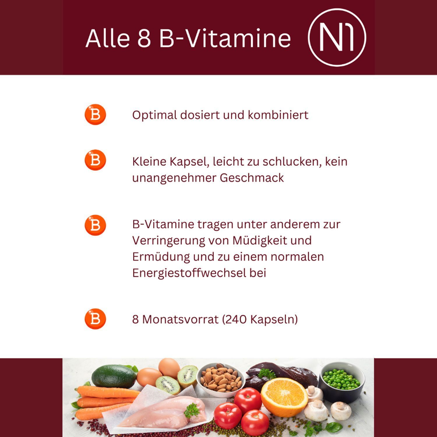 Infografik mit Text über B-Vitamine. Enthält Obst, Gemüse und Fleisch. N1 Logo oben rechts.