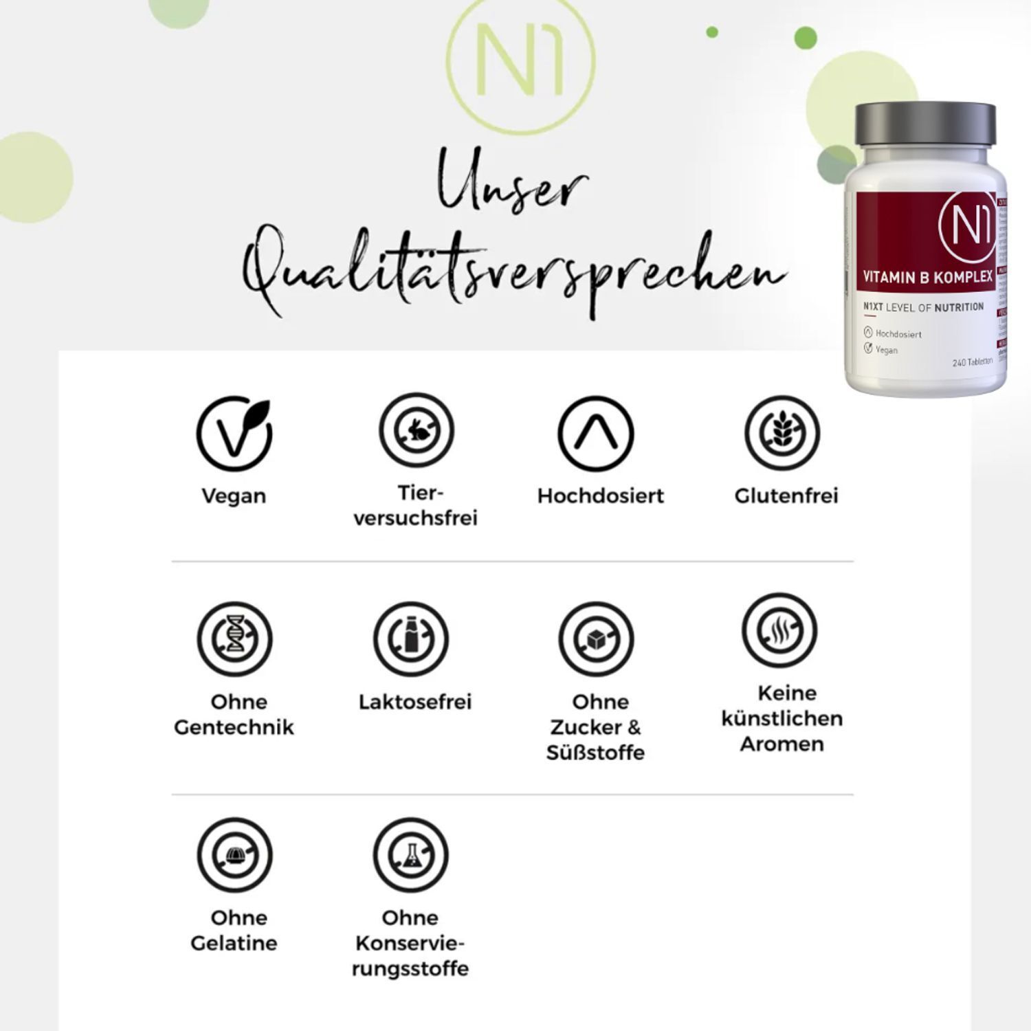 N1 Vitamin B Komplex Tabletten. Qualitätsversprechen mit Symbolen: vegan, tierversuchsfrei, hochdosiert, glutenfrei.