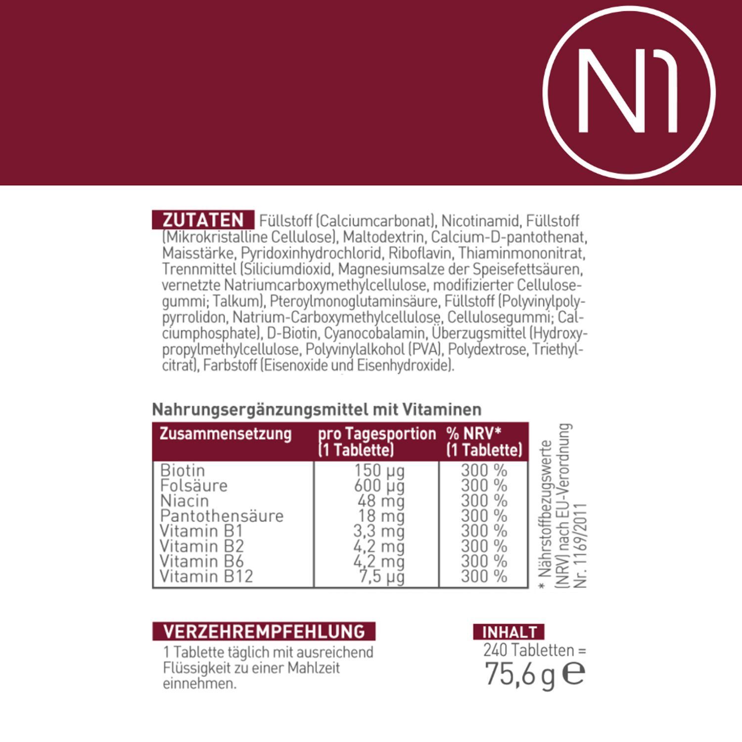 Nährwertangaben von N1 Vitamin B Komplex Tabletten. Auflistung der Inhaltsstoffe und Nährwerte pro Tablette.