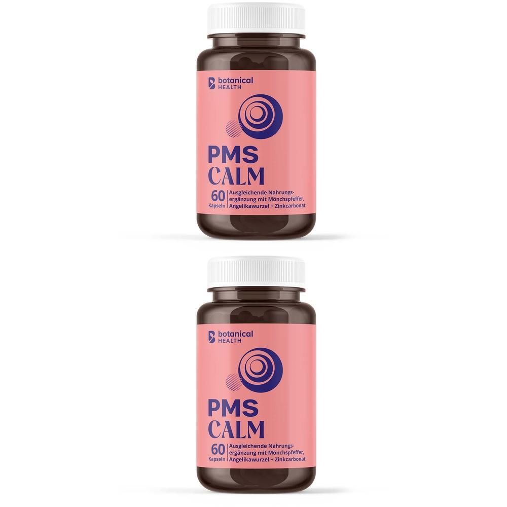 Zwei Flaschen PMS CALM Kapseln. Rosa Etikett mit blauem Logo und Text. Weiße Kappe. Braune Flaschen.