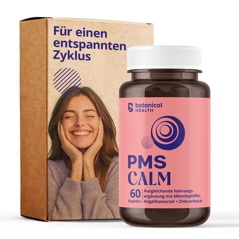 Produktverpackung mit Flasche PMS CALM Kapseln. Frau lächelt. Braune Schachtel mit Text. Rosa Etikett.