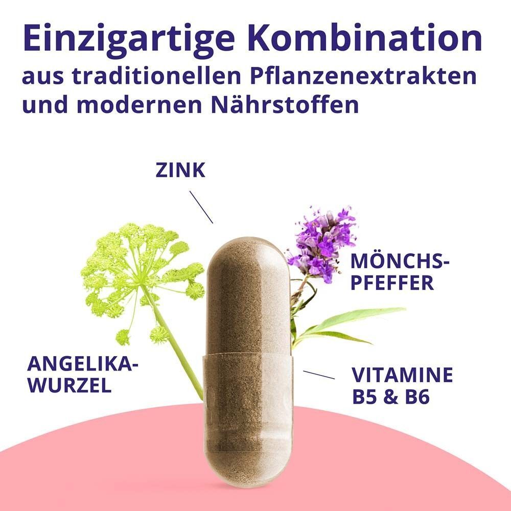 Kapsel mit Inhaltsstoffen: Angelikawurzel, Mönchspfeffer, Zink, Vitamine B5 & B6. Rosa Hintergrund.