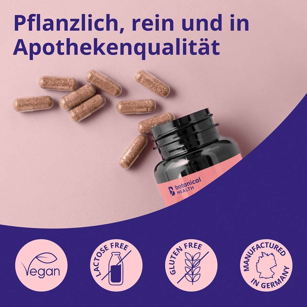 Kapseln, Flasche PMS CALM. Text: Pflanzlich, rein und in Apothekenqualität. Vegan, laktosefrei, glutenfrei.