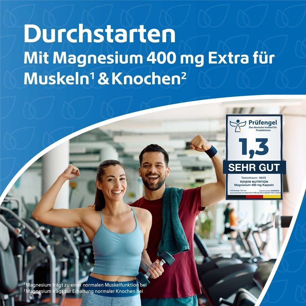 Mann und Frau im Fitnessstudio. Text: Magnesium 400 mg Extra für Muskeln & Knochen. Prüfungsiegel 1,3.
