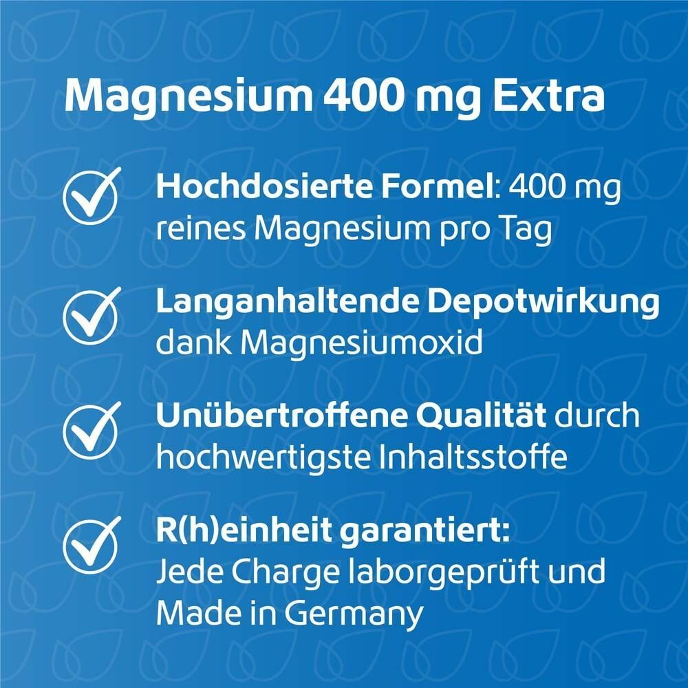 Text: Magnesium 400 mg Extra. Hochdosiert, Depotwirkung, unübertroffene Qualität, R(h)einheit garantiert.