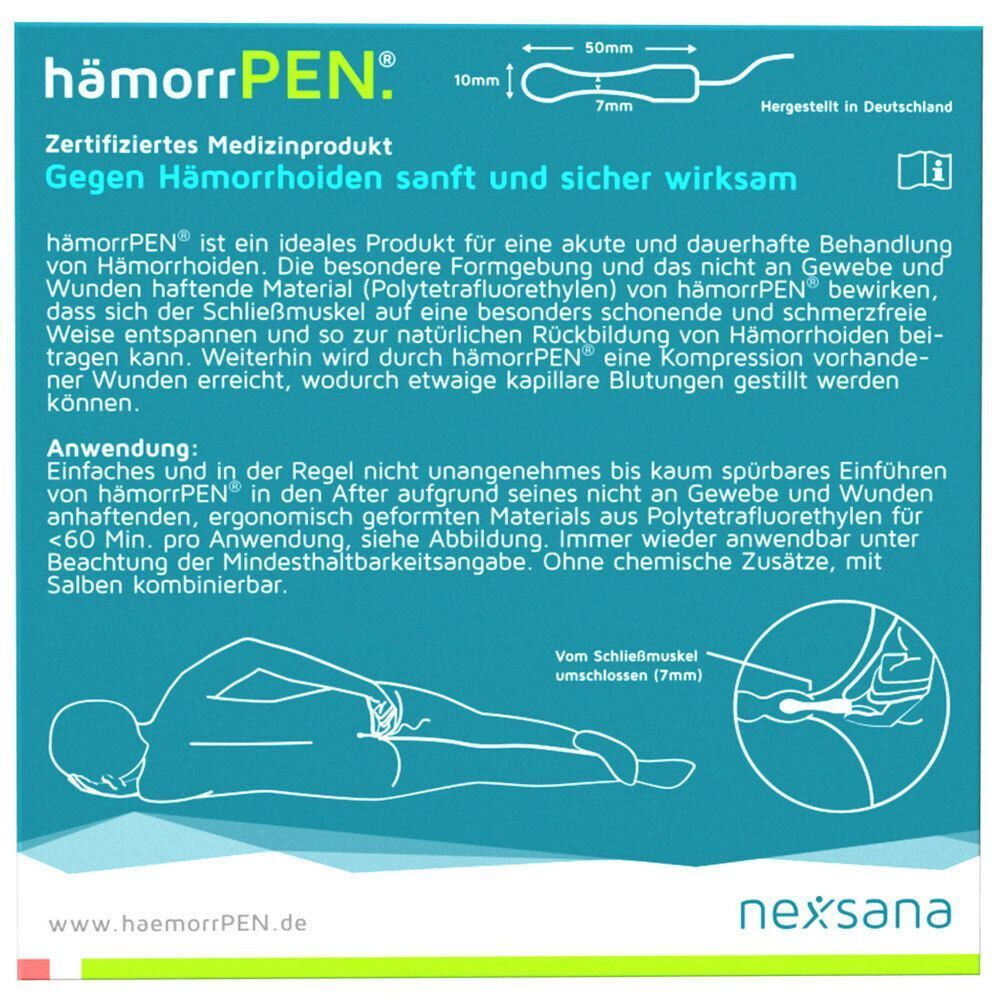 Rückseite der HämorrPEN-Verpackung. Text: Zertifiziertes Medizinprodukt. Illustration: Anwendung. Nexsana Logo.