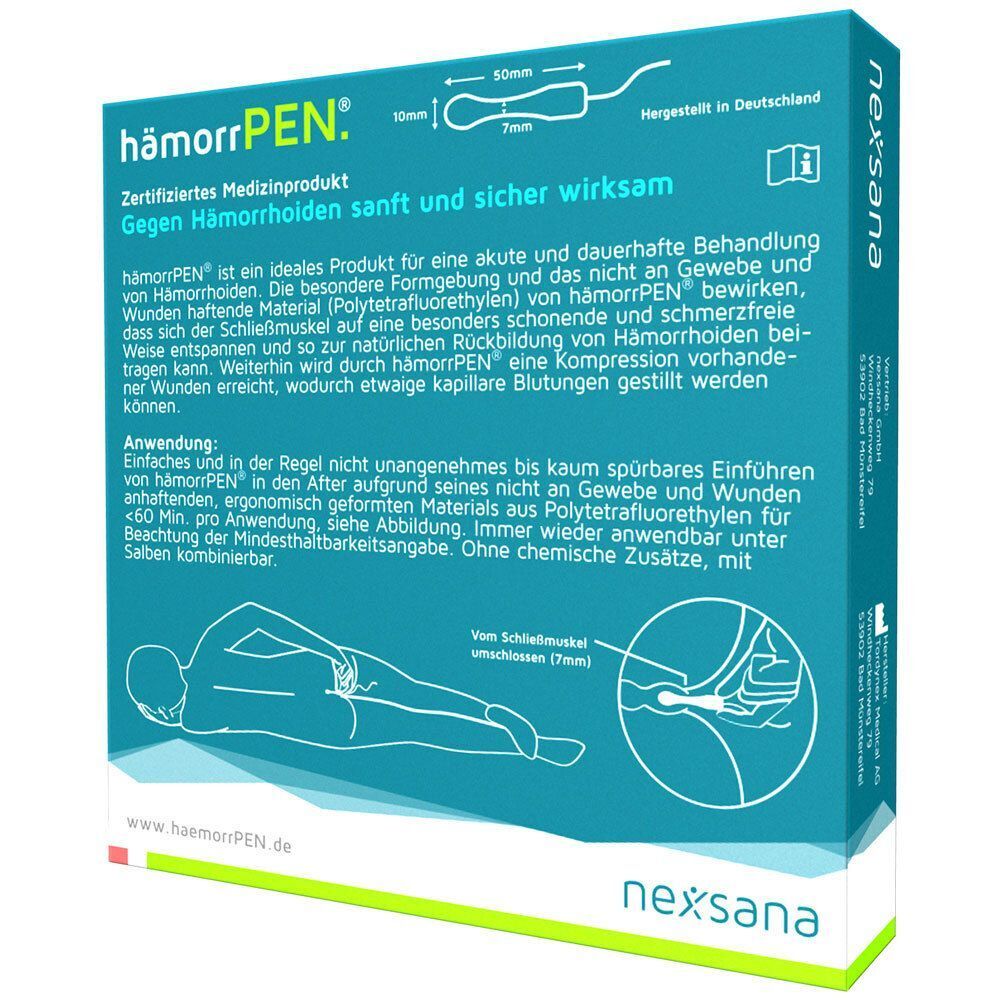 HämorrPEN-Verpackung, Seitenansicht. Text: Zertifiziertes Medizinprodukt. Illustration: Anwendung. Nexsana Logo.