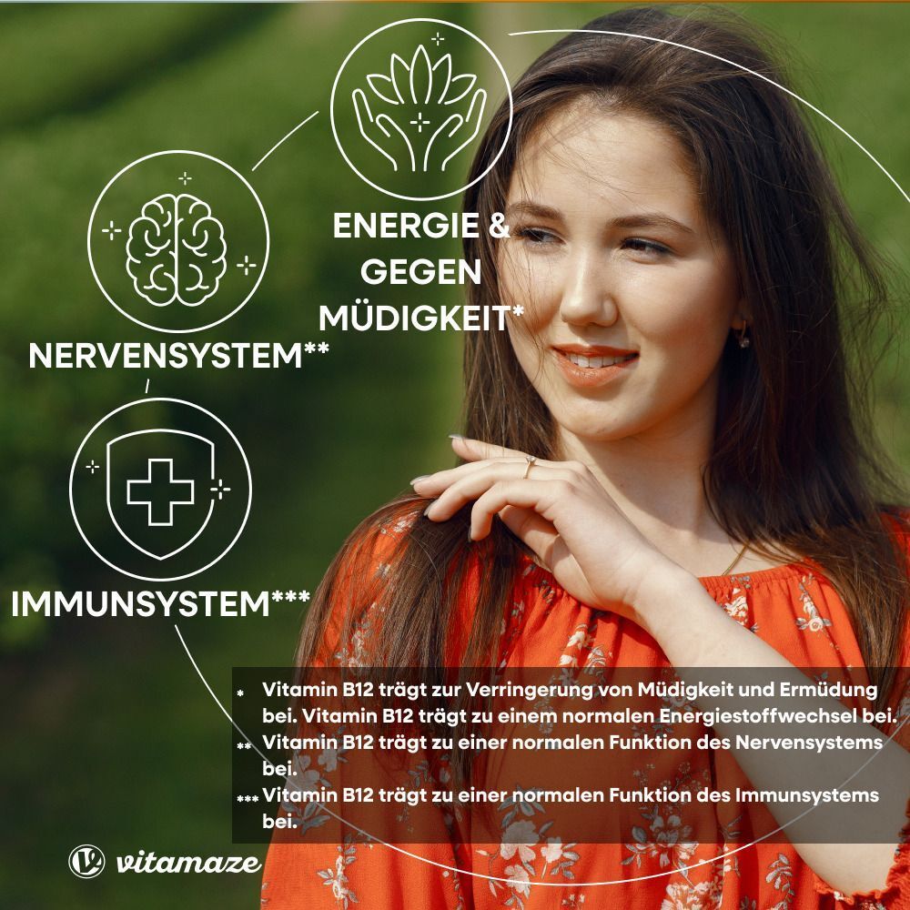 Junge Frau mit Infografik. Infografik zeigt Vorteile von Vitamin B12 für Nerven- und Immunsystem, sowie Energie.
