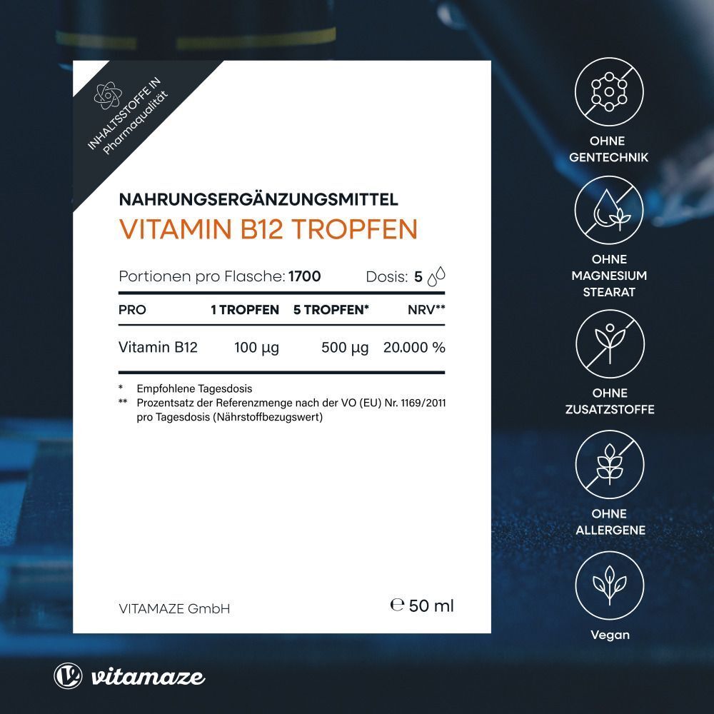 Produktinformationen zu Vitamin B12 Tropfen. Enthält Informationen zu Inhaltsstoffen, Dosierung und Zertifizierungen.
