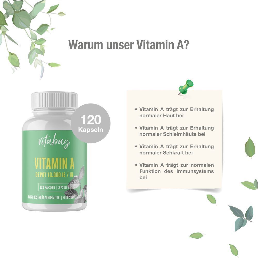 Flasche mit grünem Etikett und Text: VITAMIN A DEPOT 10.000 IE/IU. 120 Kapseln. Text: Warum unser Vitamin A? Informationen zur Wirkung.