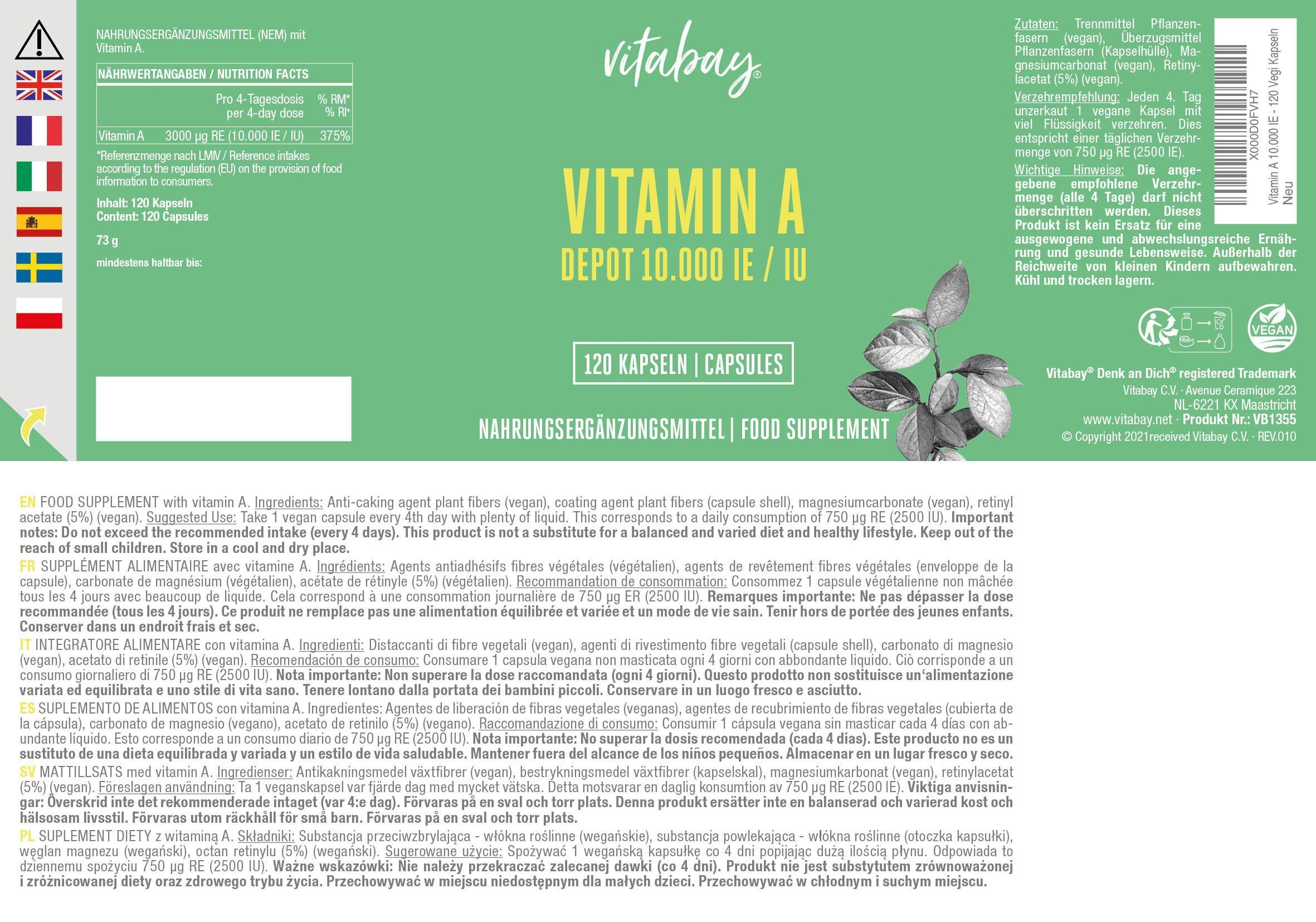 Grünes Etikett mit Text: VITAMIN A DEPOT 10.000 IE/IU. 120 Kapseln. Informationen zu Inhaltsstoffen und Nährwerten. Mehrsprachig.