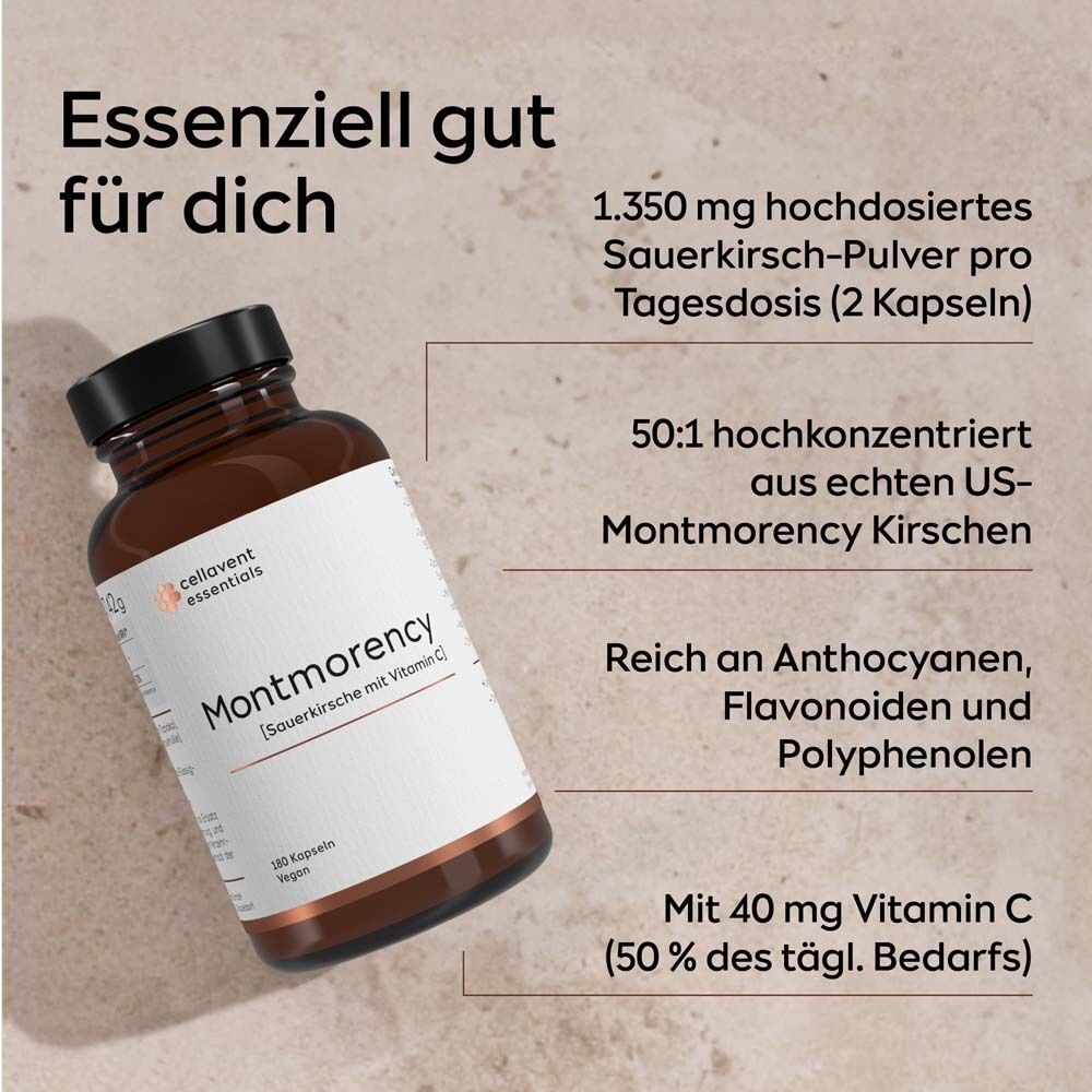 Braune Flasche mit Etikett. Text: "Cellavent essentials Montmorency Sauerkirsche mit Vitamin C".