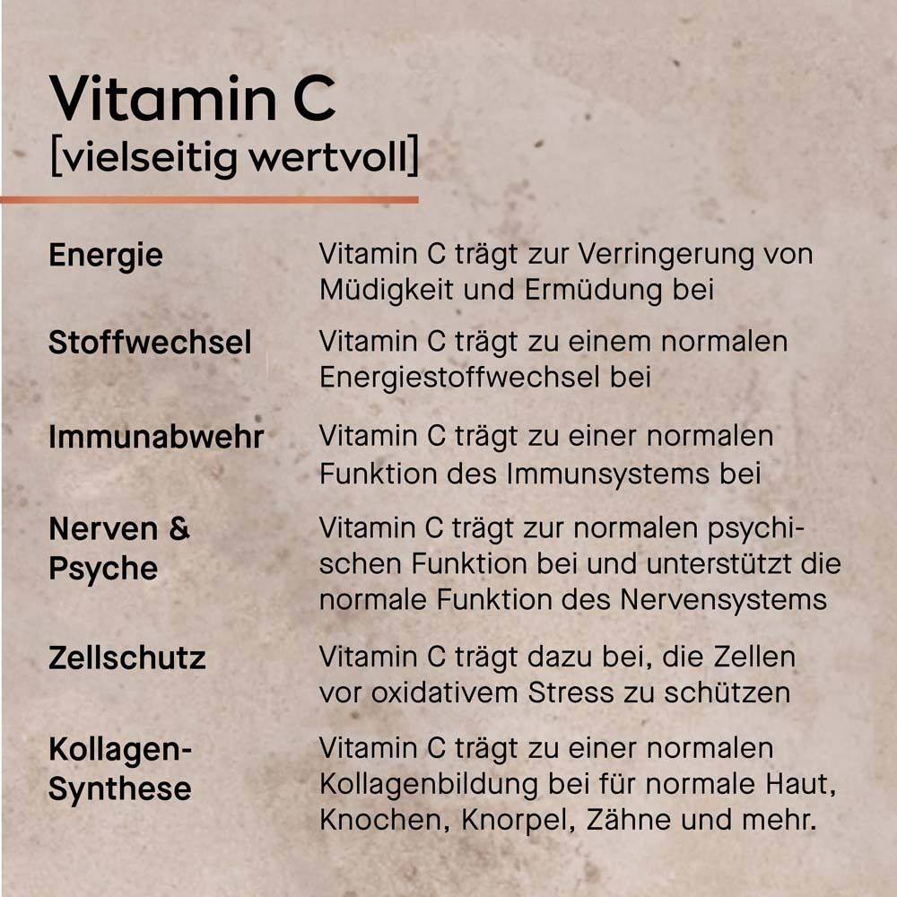 Text über Vitamin C. Beschreibt die Wirkung auf Energie, Stoffwechsel, Immunsystem, Nerven, Psyche, Zellschutz und Kollagensynthese.