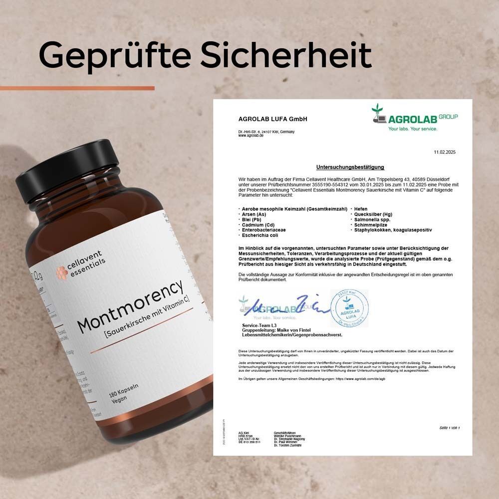 Zertifikat von Agrolab. Flasche mit Etikett "Cellavent essentials Montmorency Sauerkirsche mit Vitamin C".