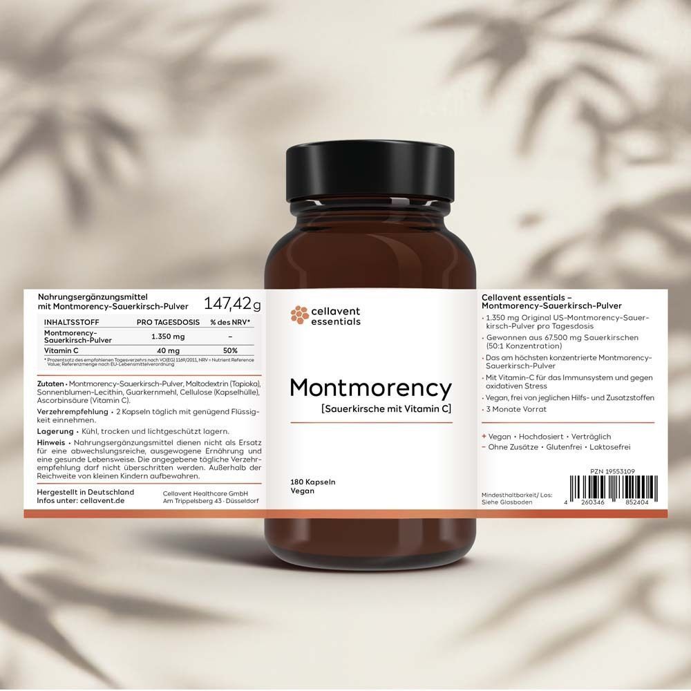Flasche mit Etikett. Text: "Cellavent essentials Montmorency Sauerkirsche mit Vitamin C".