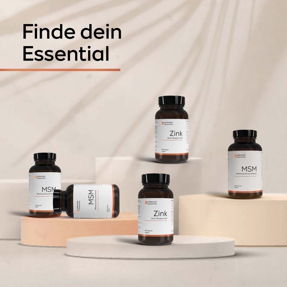 Mehrere Flaschen mit schwarzen Deckeln. Text: "Zink" und "MSM".