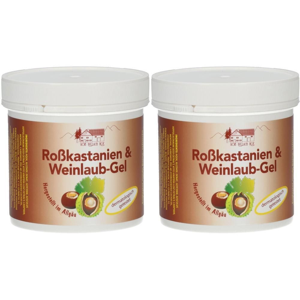 Zwei weiße Tiegel mit braunen Etiketten. Aufschrift: Roßkastanien & Weinlaub-Gel. Abbildung von Kastanie und Blatt. Dermatologisch getestet.