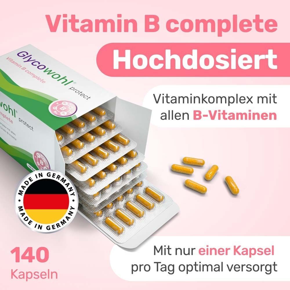 Geöffnete Packung Glycowohl Vitamin B complete mit Kapseln. Aufschrift: Vitamin B complete, 140 Kapseln. Made in Germany.