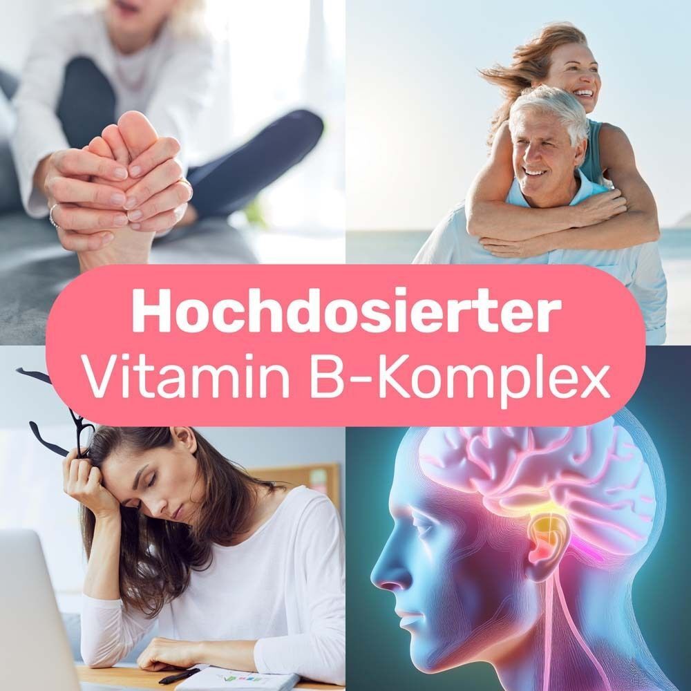 Collage mit Bildern. Hochdosierter Vitamin B-Komplex. Bilder von Menschen in verschiedenen Situationen: Entspannung, Aktivität, Müdigkeit.