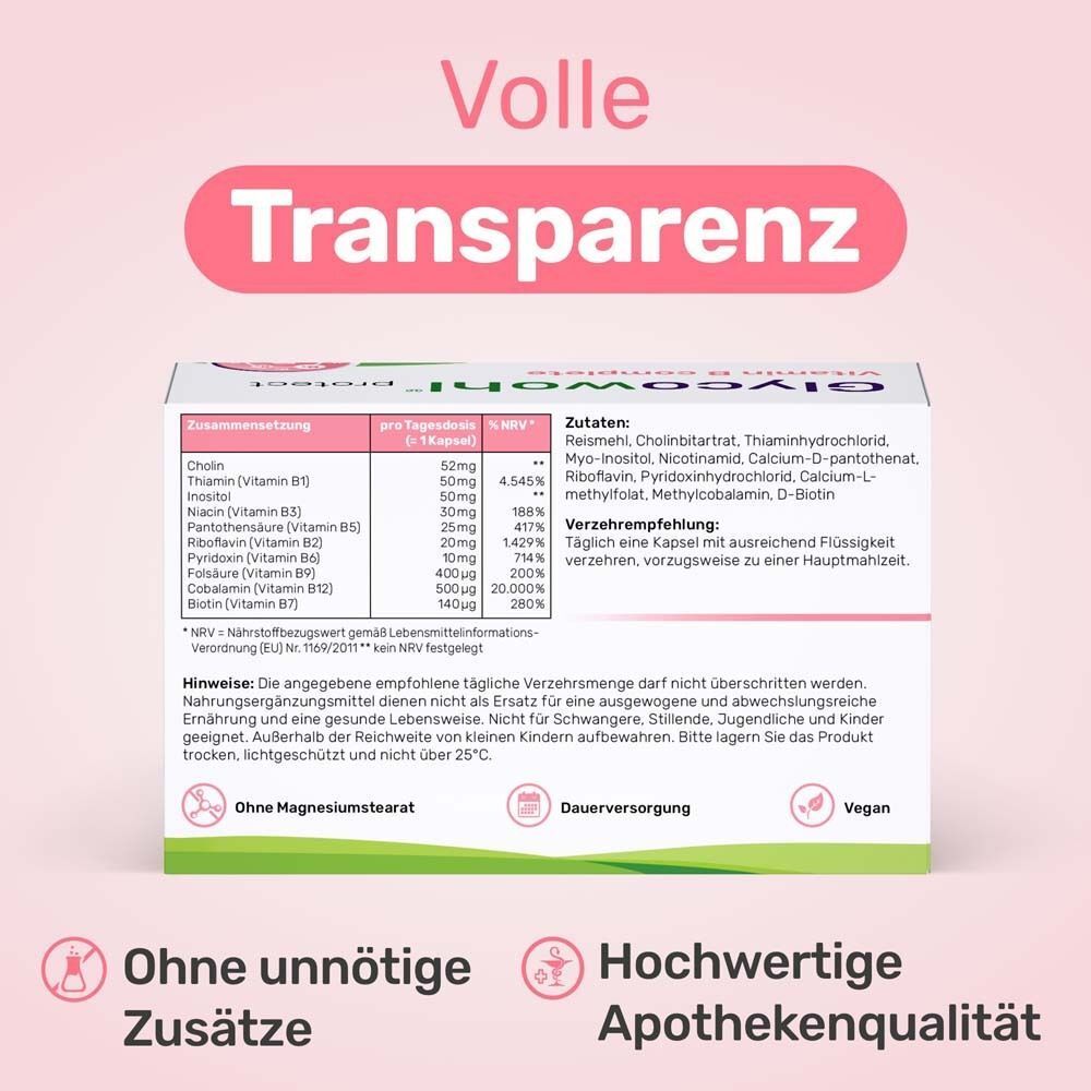 Rückseite der Packung Glycowohl Vitamin B complete. Auflistung der Inhaltsstoffe und Nährwertangaben. Symbole: ohne unnötige Zusätze, Apothekenqualität.